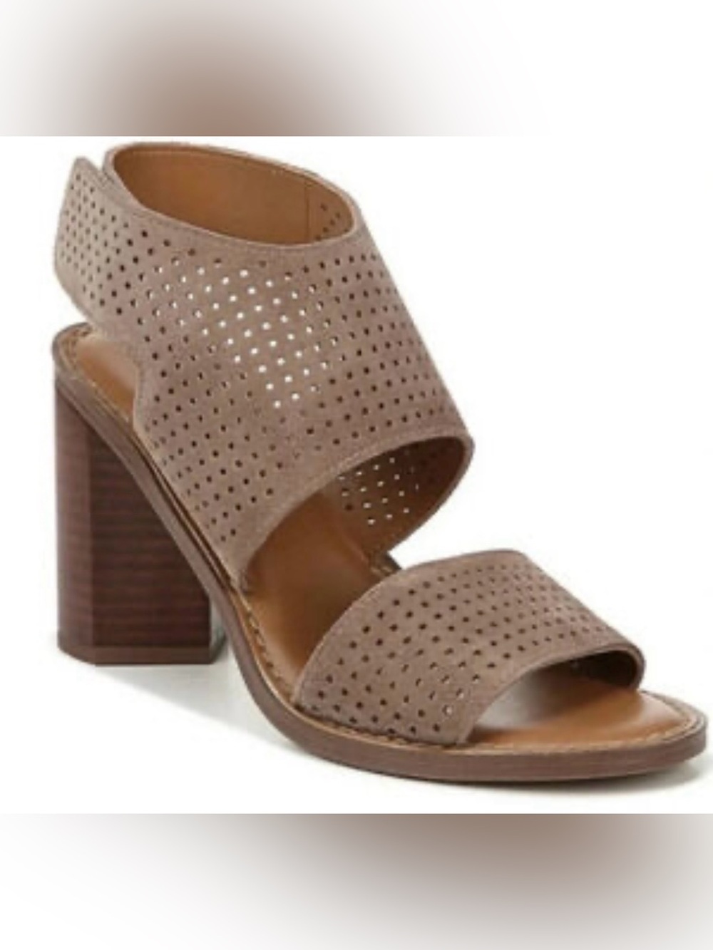 Franco Sarto Taupe Perforated Block Heel Sandals Retail $99